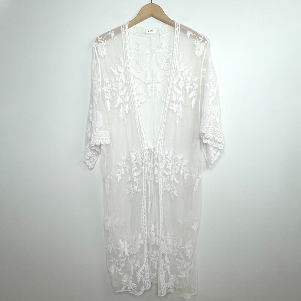 Sheer Lace Duster Kimono Top Sz M White Boho Ethereal Feminine Festival Romantic